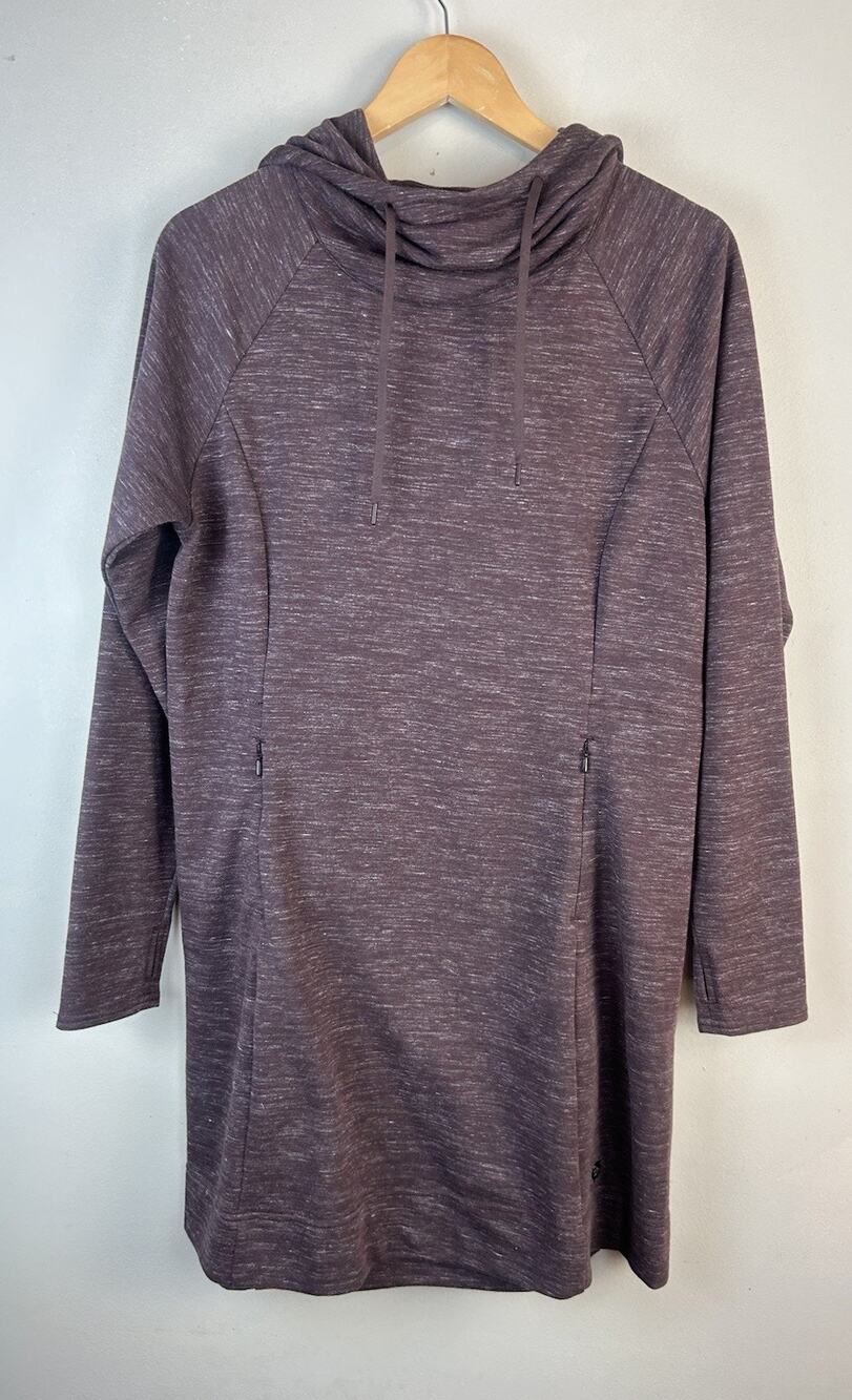 Kuhl Helix Pullover Cowl Neck Mini Dress Purple Soft Sz Large Pockets Hooded